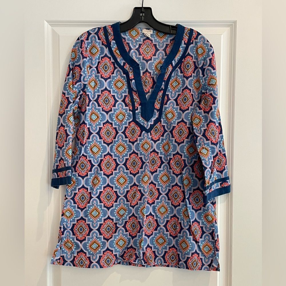 EUC J. Crew | Sz. L navy blue pink print tunic top cotton